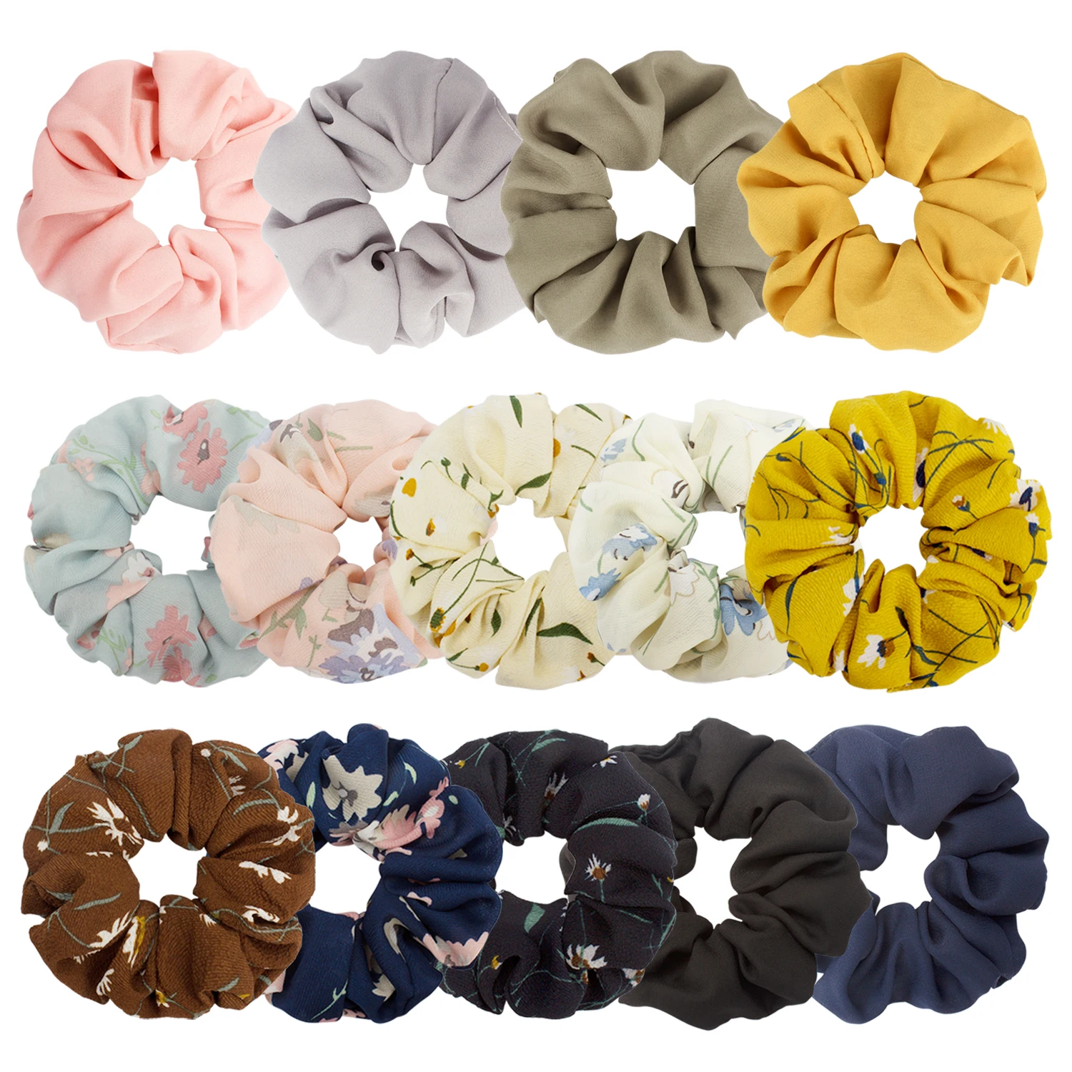 

14 Colors Women's Chiffon Flower Hair Scrunchies Hair Ties Chiffon Ponytail Holder (8 Flower, 6 Solid Colors)