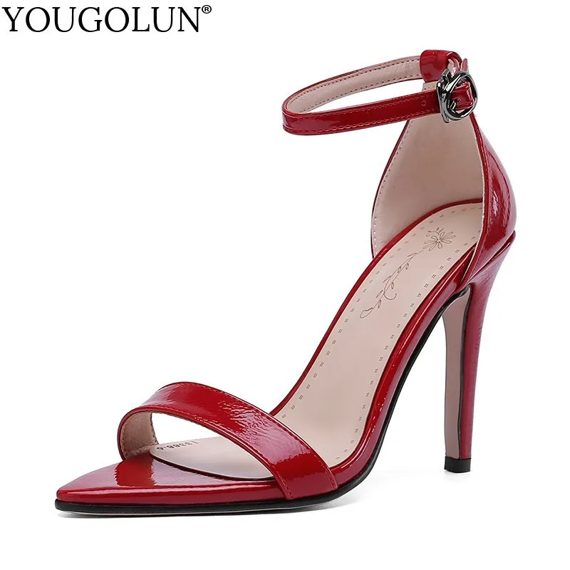 

Women High Heels Sandals Sexy Lady Ankle Strap Sandal Woman Burgundy Red Apricot Black Open Toe Elegant Party Wedding Shoes B061