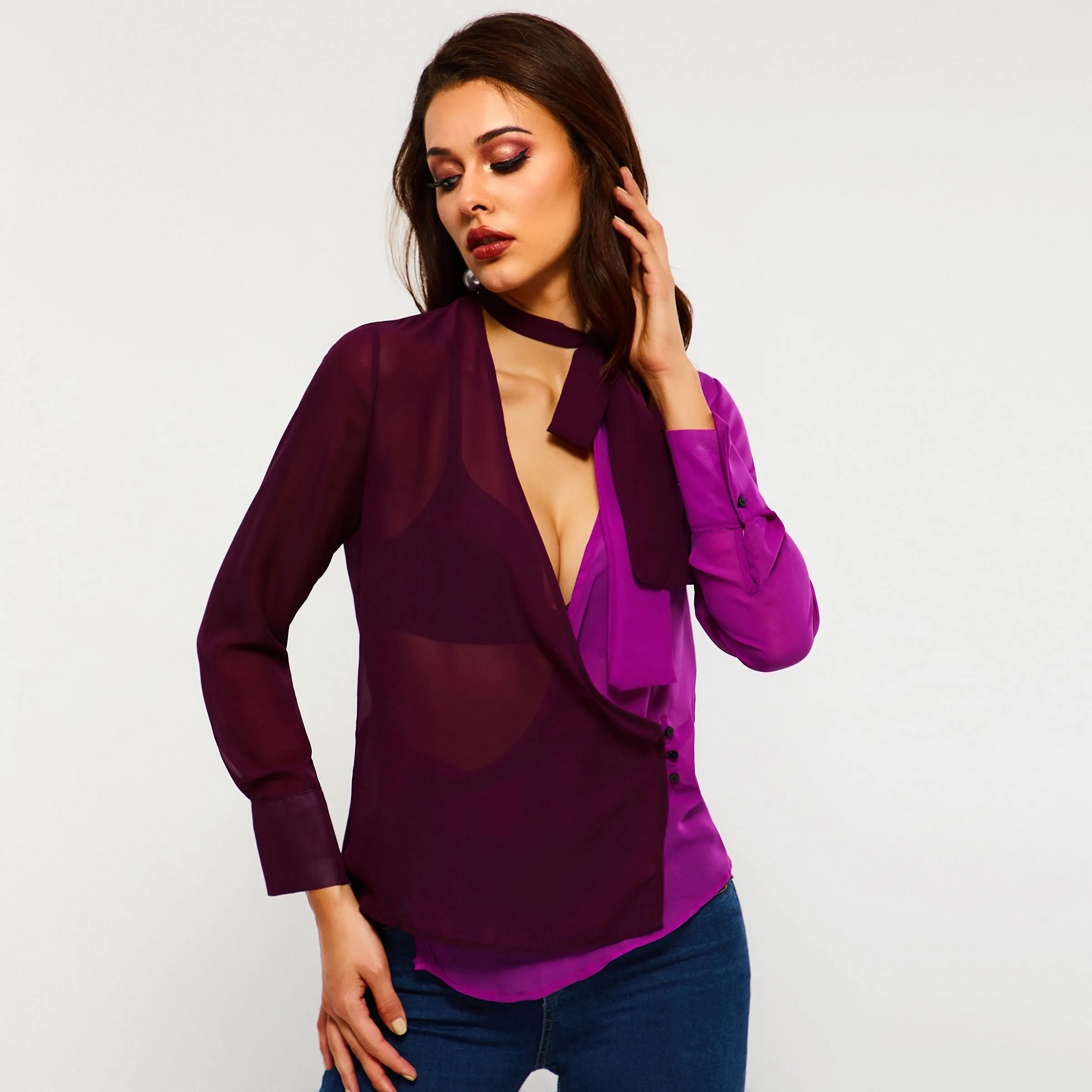 Women Blouses Casual Sexy Fall Purple Loose Inelastic Color Block Tops