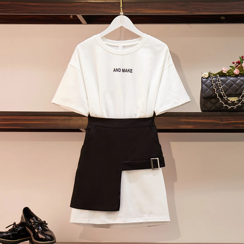 Лето 2019 г. для женщин комплект с буквенным узором короткий рукав хлопковая футболка платье + Черный Асимметричный карман костюм с