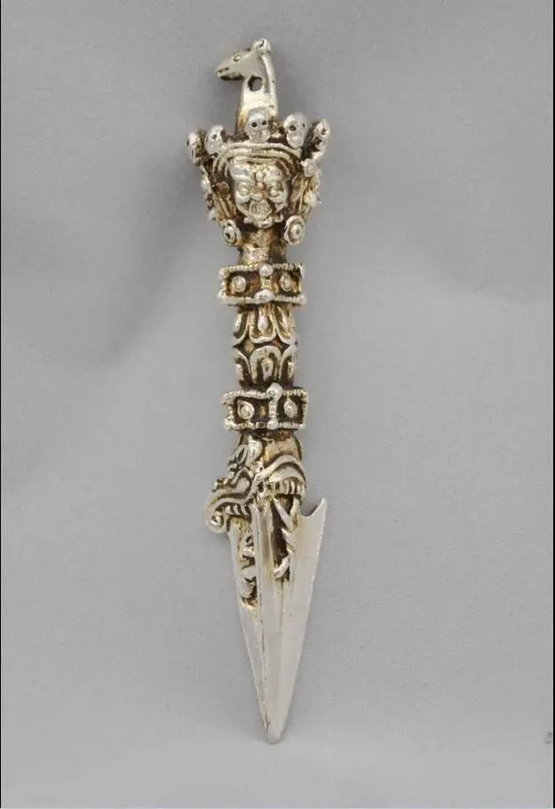Buddhism Delicate Tibetan Silver Mahakala Buddha Head Vajra Dagger Statue