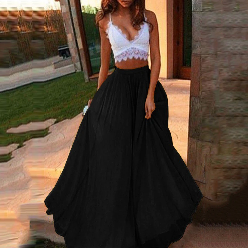 

Women Chiffon Solid Color Summer Skirt Boho High Waist Beach Long Vacation Party