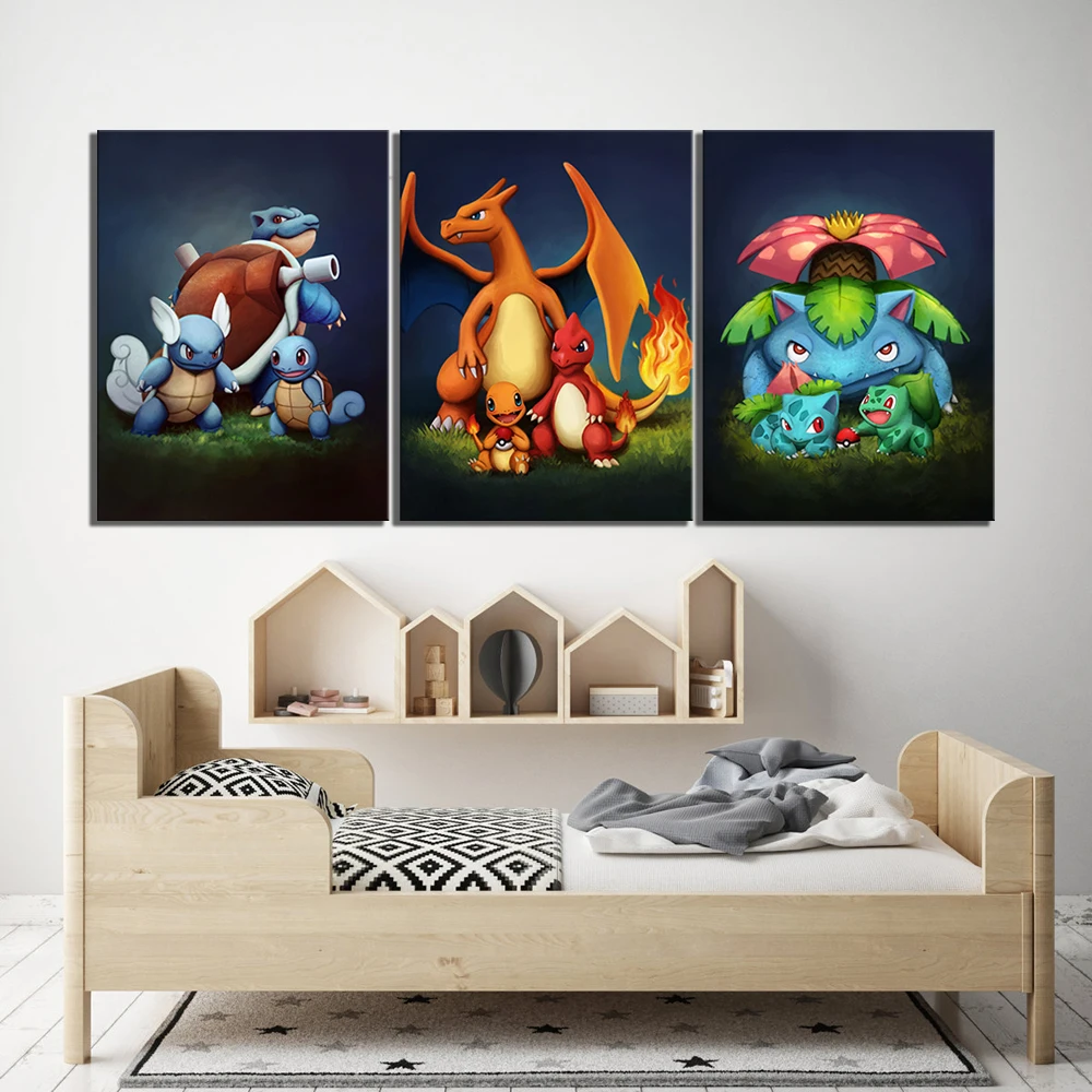 

3 Piece Pokemon Pocket Monster Anime Poster Blastoise Charmander Bulbasaur Cartoon Wall Picture for Children Room Wall Decor