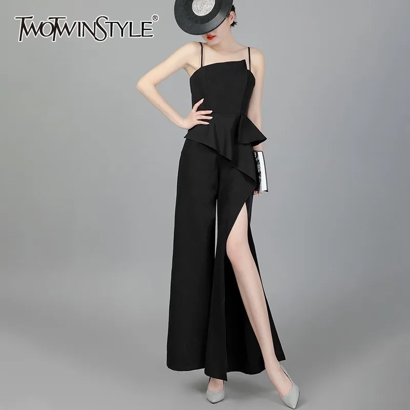 

TWOTWINSTYLE Summer Sleeveless Slim Jumpsuit For Women High Waist Irregular Ruffles Split Chiffon Wide Leg Pants Female New 2019