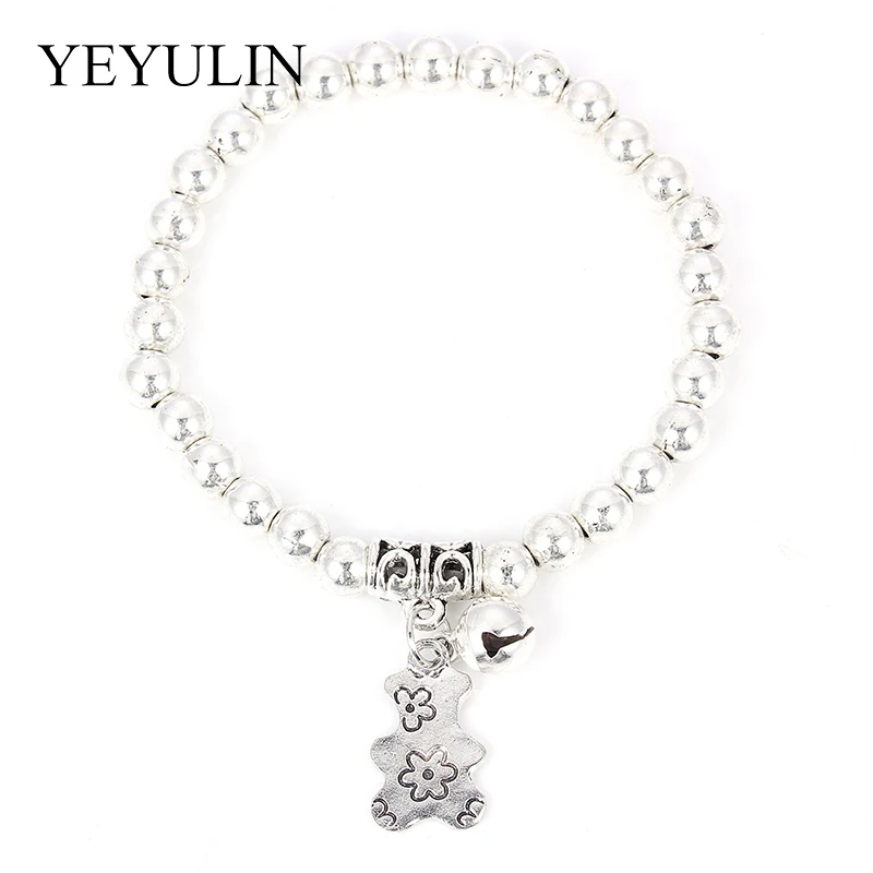 الرجعية الفضة لهجة صلصلة الجرس الفيل الدب سلحفاة سحر قلادة سوار مطاطا الإمتداد الخرزة أساور للنساء مجوهرات هدية