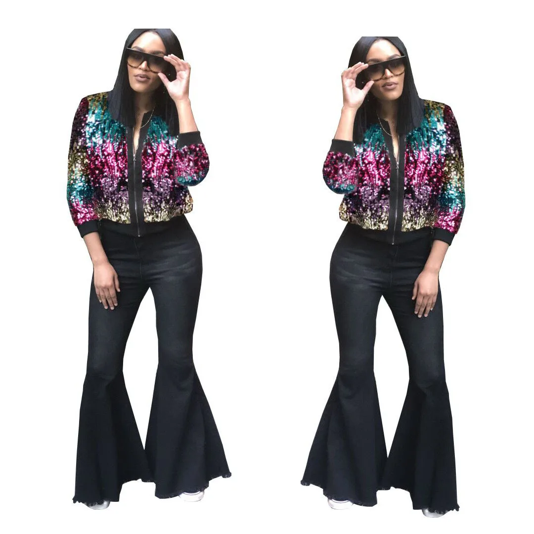 Autumn Winter Women Multicolour Sequined Jacket Long Sleeve Short Slim Coat Casual Female Basic Jackets Plus Size M-XL