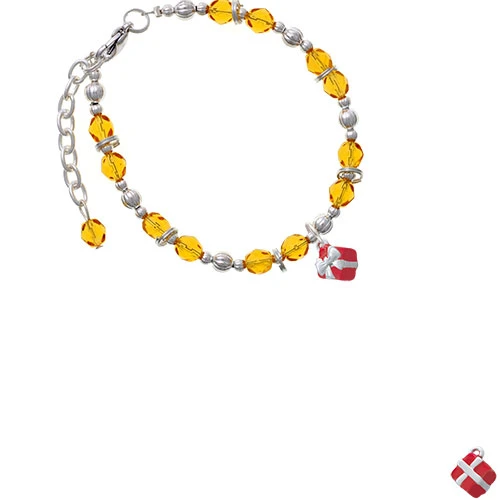 Silvertone Small 3-D Red Present Box with Bow Yellow Beaded Bracelet |