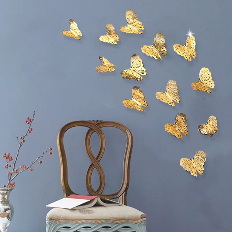 

New-36 Pcs 3D Hollow butterfly wall sticker Gold Paint paper sticking butterfly stickers home wall decoration Cut Out design