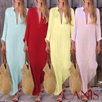 

2019 Women's V Neck Solid Boho Flax Long Maxi Dress Ladies Cocktail Party Evening Summer Beachwear Sundress Cover Ups