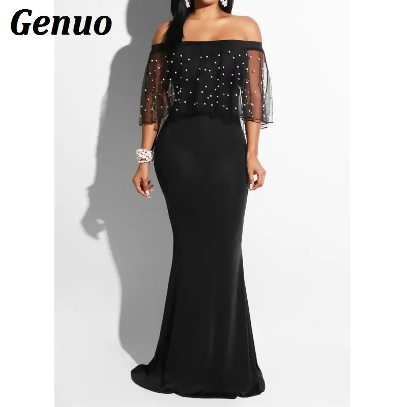 

Genuo Pearls Mesh Ruffle Maxi Dress Elegant Sexy Off the Shoulder Slash Neck Bodycon Long Evening Gown Women Party Dresses