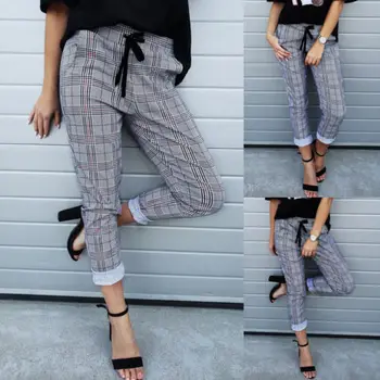 

Fashion Newly Women High Waist Casual Drawstring Elastic Slim Chic Plaid Checked Pants Ladies Pencil Trousers