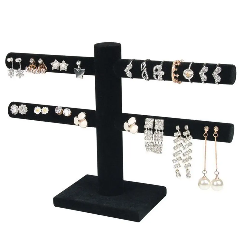 

2 Tier T-Bar Velvet Jewelry Stand Earrings Necklaces Organizer Display Holder
