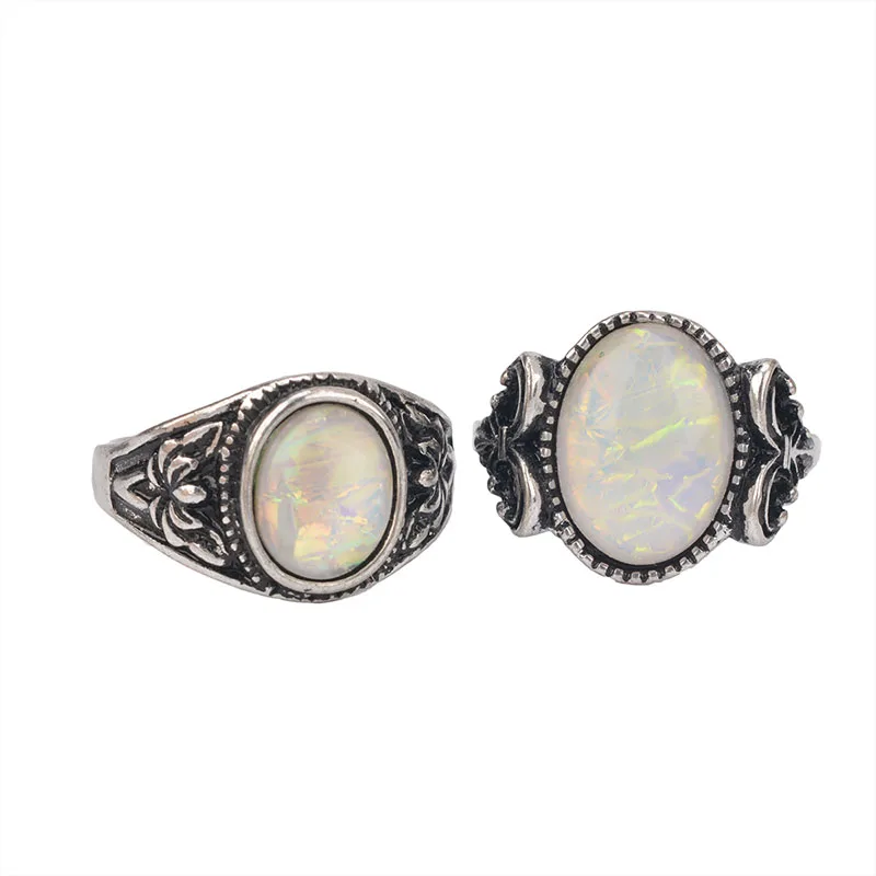 

ZI.SEN Sliver Color Vintage Rings for Women Party Personality Statement Opals Inlay Ring Antique Jewelry Christmas Gift