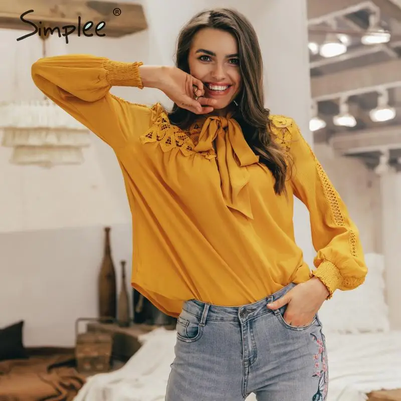 

Simplee Casual embroidery long sleeve women blouse Summer spring hollow out neck tie blouse shirt Elegant loose female solid top