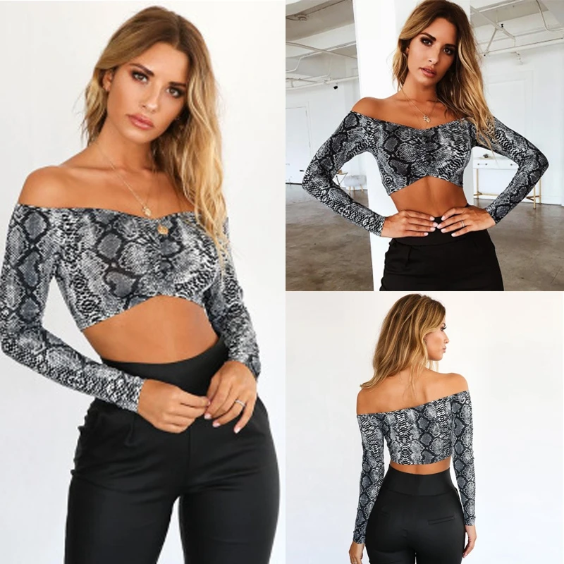 مثير أزياء النساء المحاصيل قمم للدبابات معطلة الكتف جلد الثعبان كامل كم Clubwear المحاصيل قمم السيدات شعبية قصيرة الملابس جديد مثير أزياء النساء المحاصيل قمم للدبابات معطلة الكتف جلد الثعبان كامل كم Clubwear المحاصيل قمم السيدات شعبية قصيرة الملابس جديد