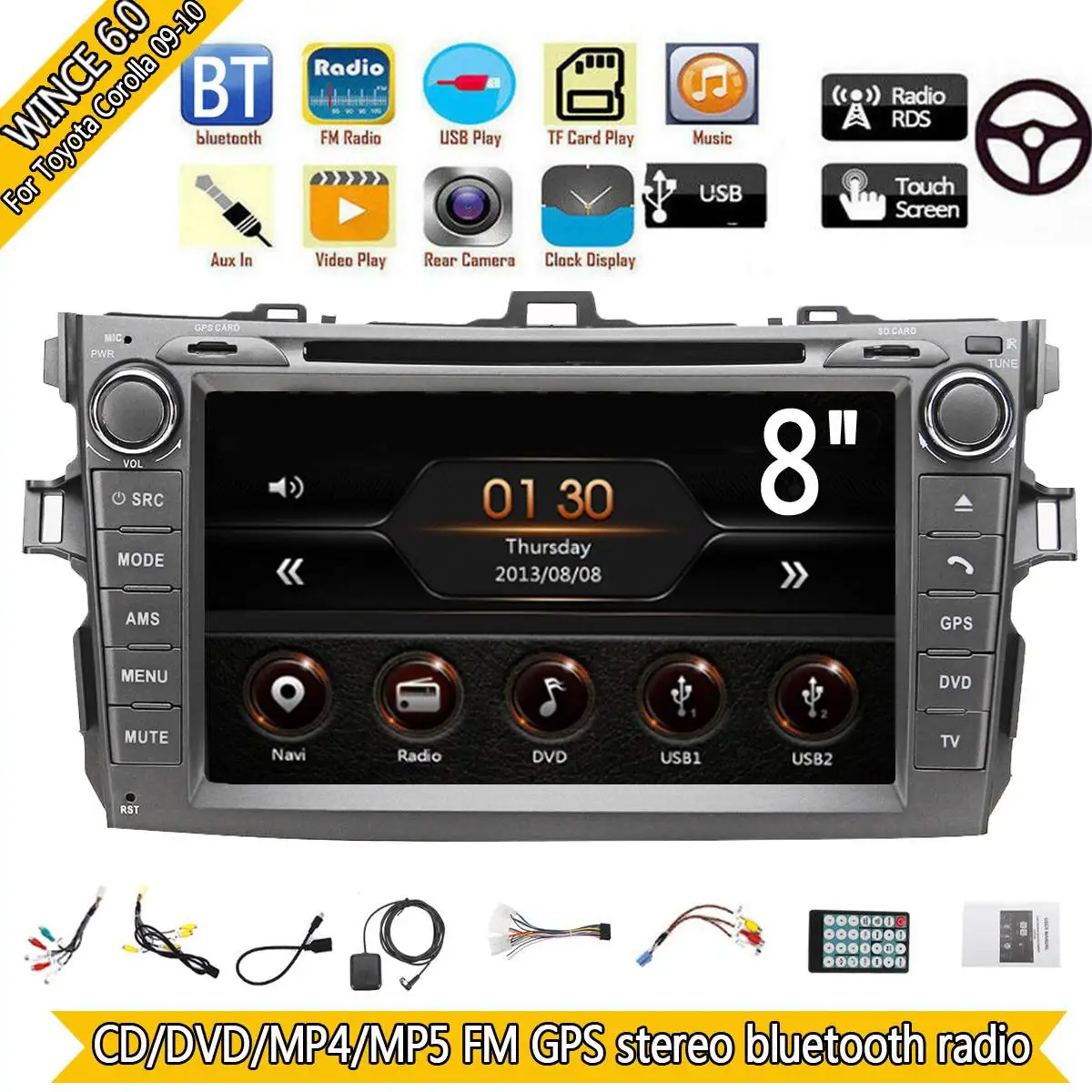 

8" WINCE 6.0 Stereo GPS bluetooth Car Multimedia CD/DVD/MP4/MP5 Player 2DIN For Toyota Corolla 2009 2010 support gps navigator