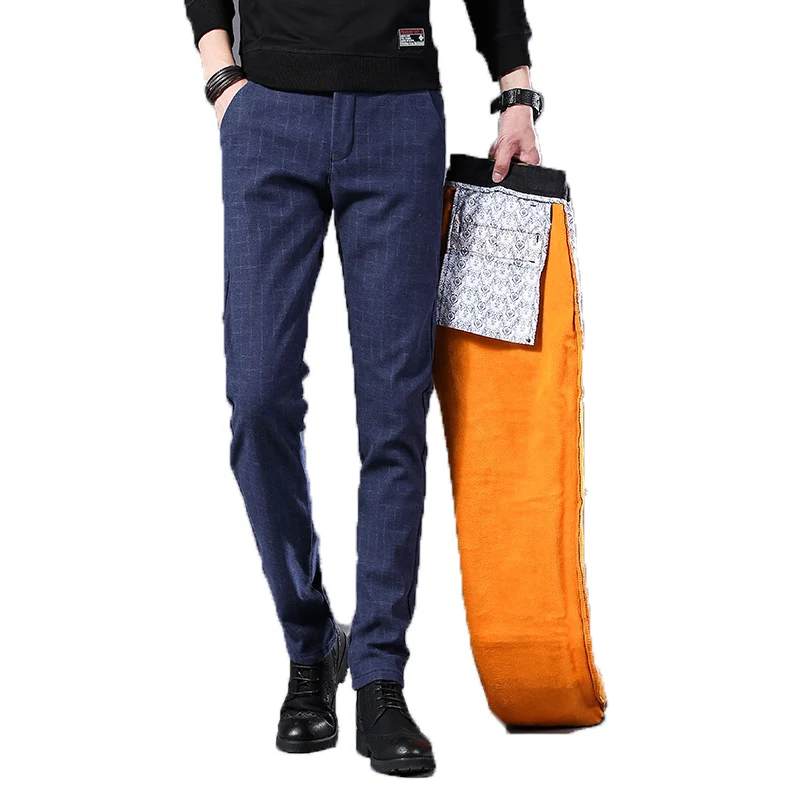 

WINTER PANTS MEN Fleece Warm Velvet Casual Dress Pants Male Skinny Slim Fit Thick Mens Classic Trousers Stretch Long Plaid Pants
