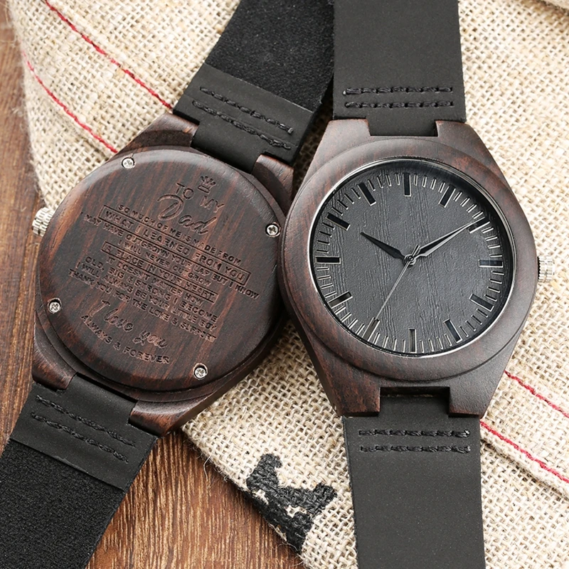 

Unique Engraved DIY Words "TO MY DAD/SON" Men's Ebony Wood Quartz Watch Clock Male Genuine Leather Souvenir Gifts for Daddy Son