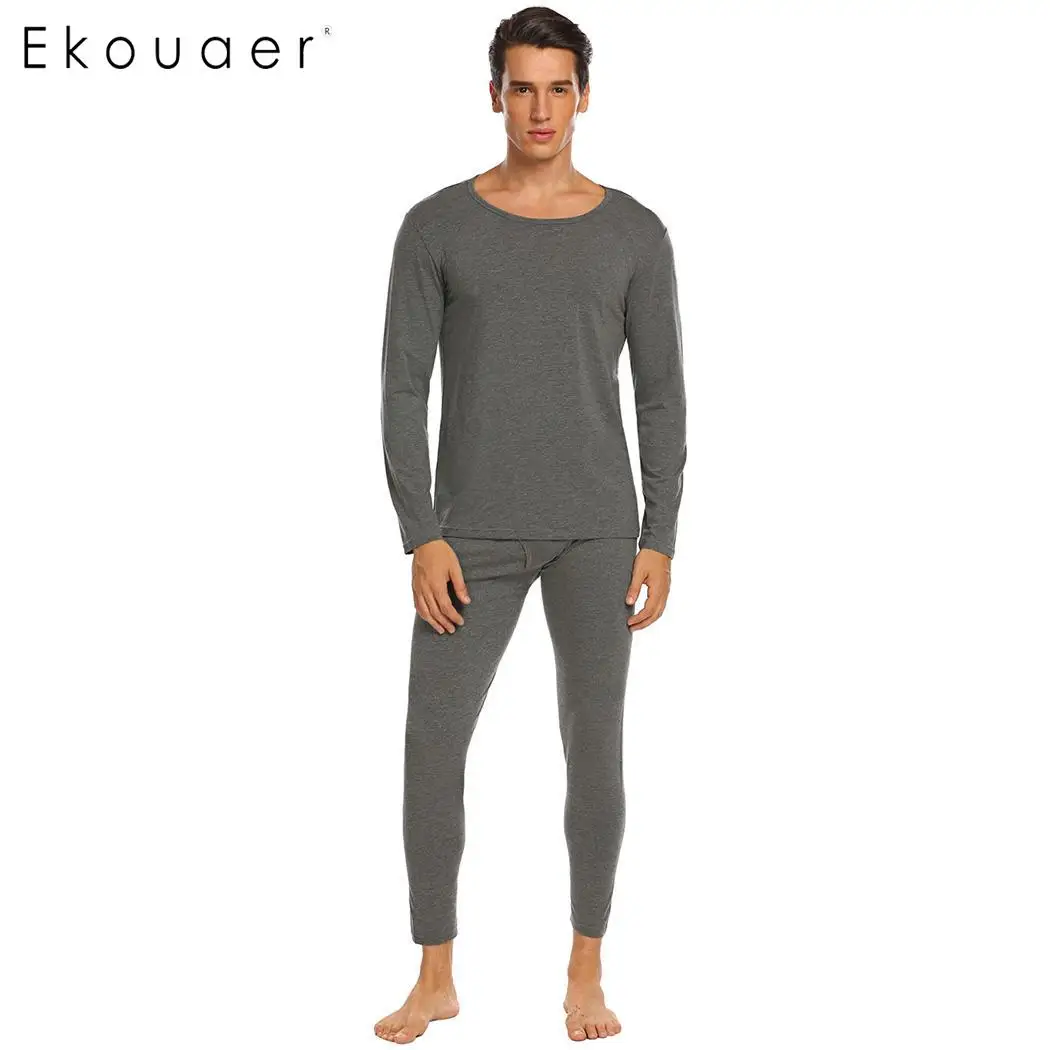 Ekouaer Men Thermal Underwear Sets Solid O-Neck Long Sleeve Tops with Elastic Waist Pants Sleep Pajamas Homewear Suits - Цена: 
