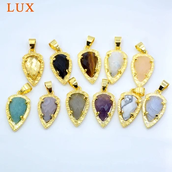 

Gold-Plated Natural Tiger Eye Agates Amethysts Quartzs Labradorites Amazonite Arrowhead Pendant For Making Boho Jewelry