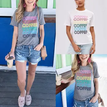 

2019 Women Summer Short Sleeve O-neck T-shirt Ladies Casual Loose Letter Print Pullover Gray White Tops
