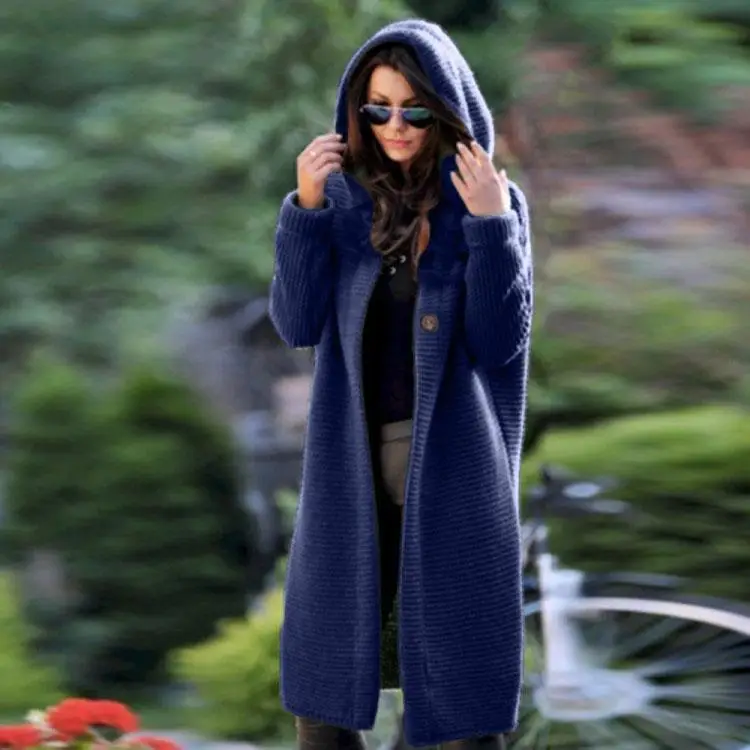 

Casual Fashion Knitted Hooded Jacket Breathable New Fit Women Regular Sweater Solid Loose Button Outwear Coat