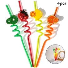 4PCS Hawaiian Style Cute Fruit Decorative Straw Bar Birthday Party Restaurant Decoration Creative Art Fruit Shape Hard Straw