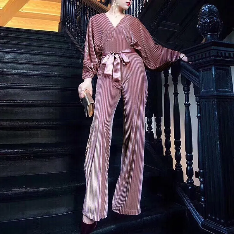 

Fashion Women Velvet Sashes Celebrity Party Jumpsuit Deep V Neck Long Rompers Long Sleeve Lace Up Playsuit