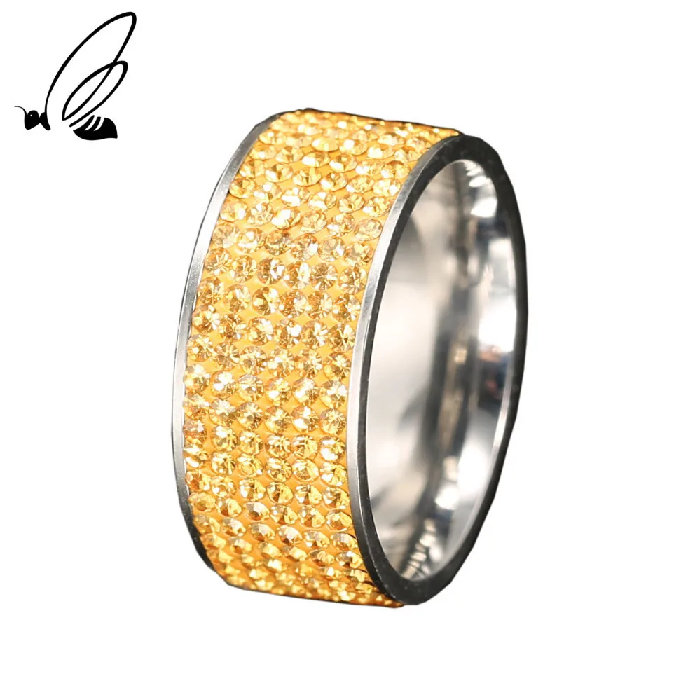 

S'Steel Yellow Color Crystal Ring For Women Man Vintage 6 Row Lines Stainless Steel Ring Party Female Flower Finger Jewelry