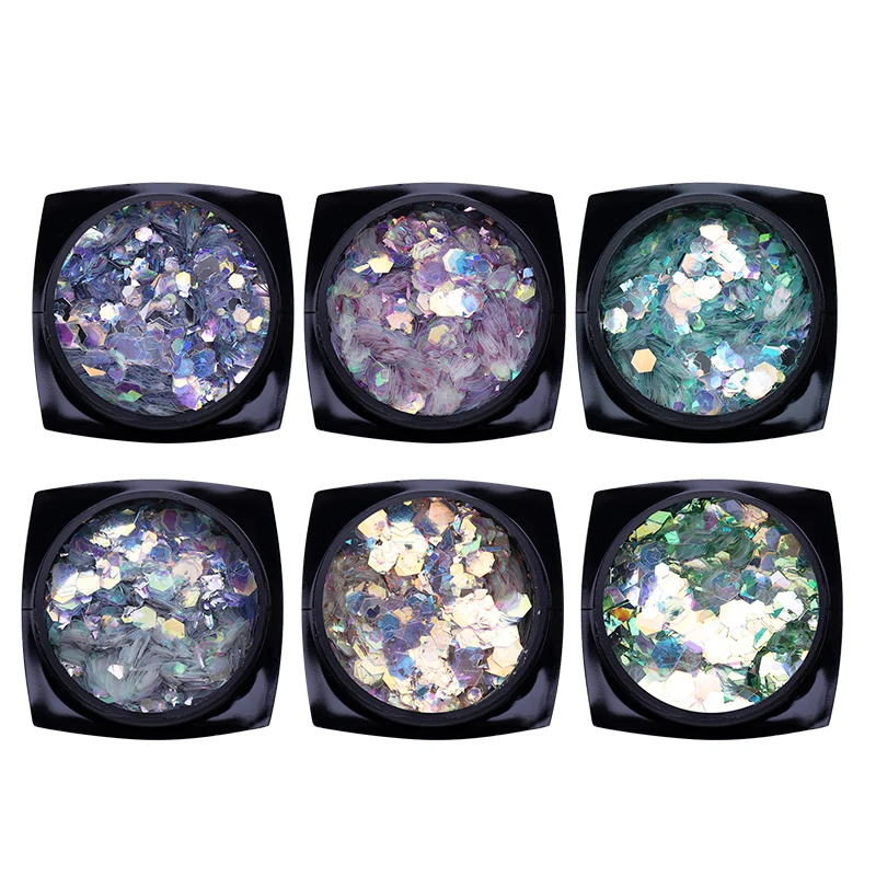 6 صناديق مسمار بريق الترتر الثلاثية الأبعاد سباركلي لامعة رقائق 3D مسمار الفن الديكور مانيكير نصائح ديكور