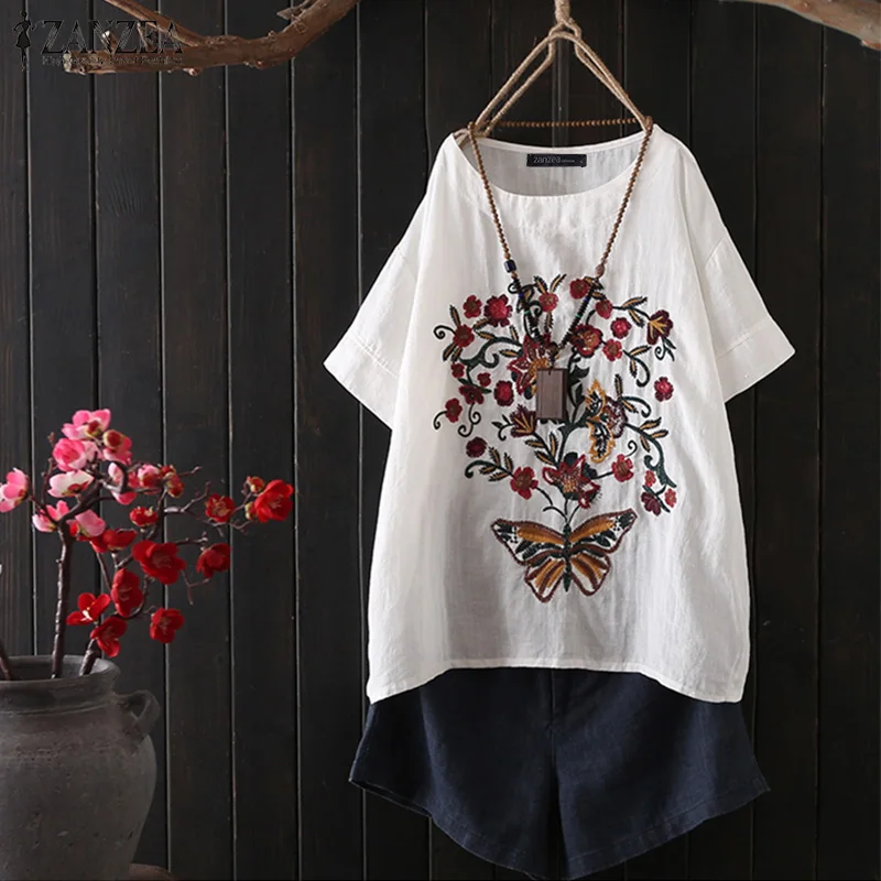 2019 زائد حجم ZANZEA الصيف تيز المرأة عارضة قصيرة الأكمام الزهور التطريز القطن الكتان فضفاض حزب تونك قمم قميص فام 2019 زائد حجم ZANZEA الصيف تيز المرأة عارضة قصيرة الأكمام الزهور التطريز القطن الكتان فضفاض حزب تونك قمم قميص فام