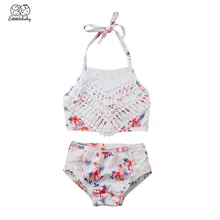 Летняя одежда для плавания для маленьких девочек, топы без рукавов, бандажные шорты, бикини, кружевные купальники с цветочным принтом, купальный костюм, комплект из 2 предметов