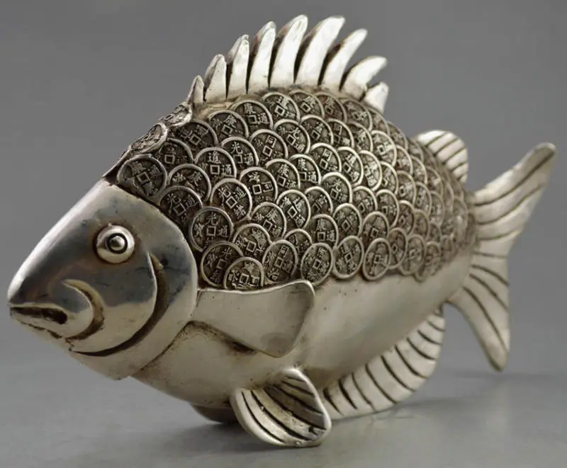 

Collectible Decorated Old Handwork Tibet Silver Carved GUangxu Coin Fish Statue