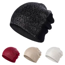 Высокое качество, дешевые Skullies бини для женщин, вязаная зимняя шапка, блестящие бини для девочек, Skullies однотонные шапки