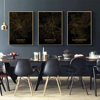 

Detroit Nashville Sacramento United States City Map Gold Map Canvas Art Print Wall Pictures for Living Room No Frame