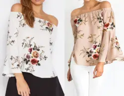 Для женщин летняя рубашка с открытыми плечами цветочный принт Свободный шифон Топы Повседневная рубашка Одежда