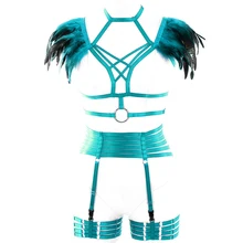 Перья Эполет плеча подвеска на обе стороны бюстгальтер на бретелях эластичный выдалбливают полным длинным поясом в стиле готик-панк женское бельё в стиле "рейв"