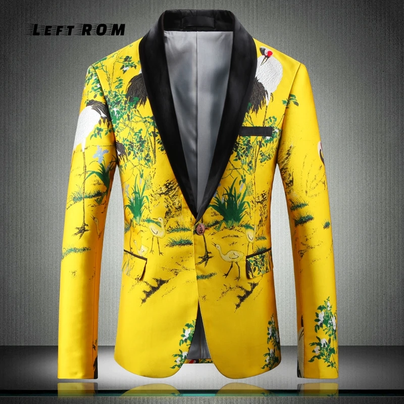  Yellow Suit Jacket Luxury Men Print Blazer Slim Fit Floral Men Stage Clothing Blazer Pattern Stylis