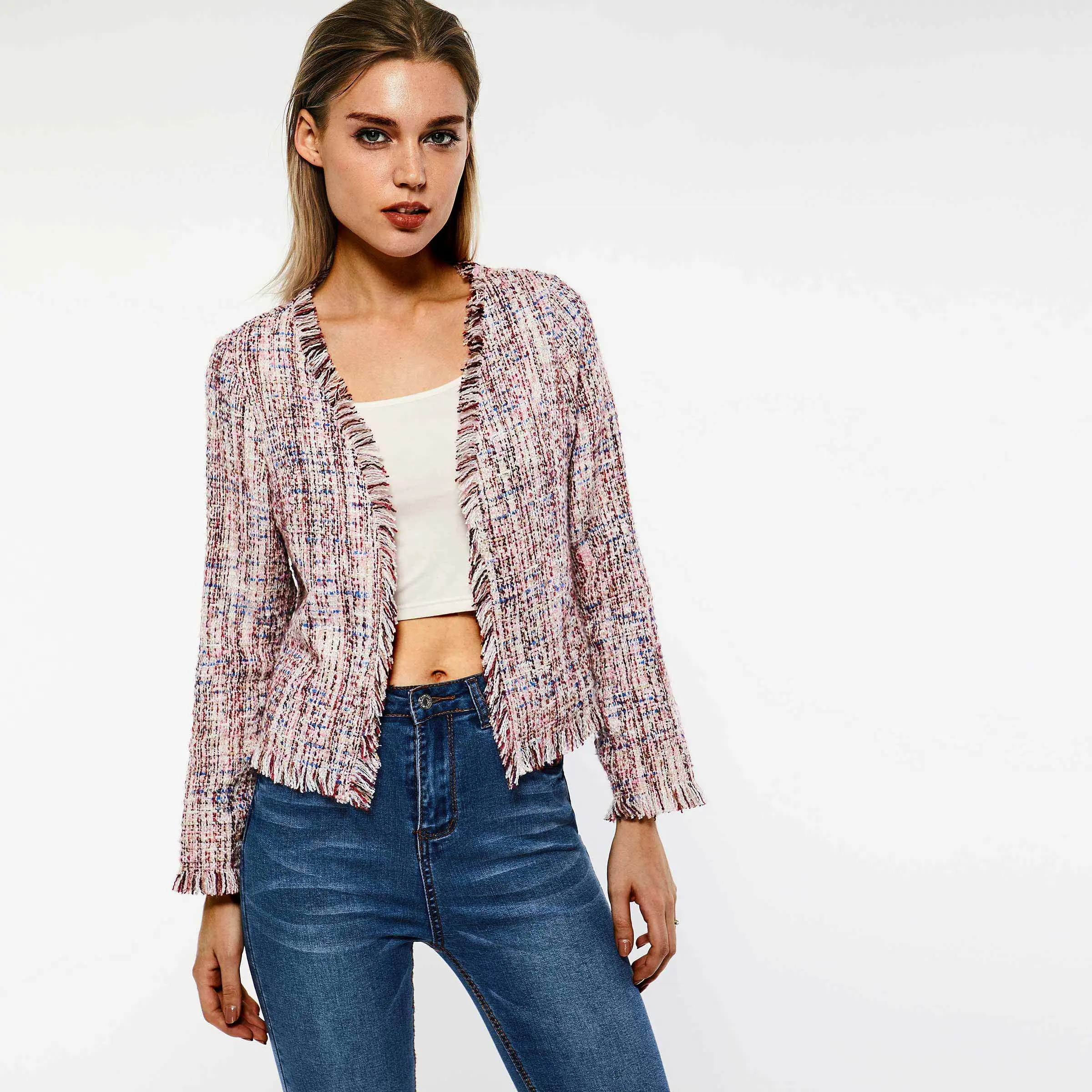Women Tweed Jackets Spring New Thin Pink Sweet Simple Slim Fit Elegant Tassel Fashion Outerwear