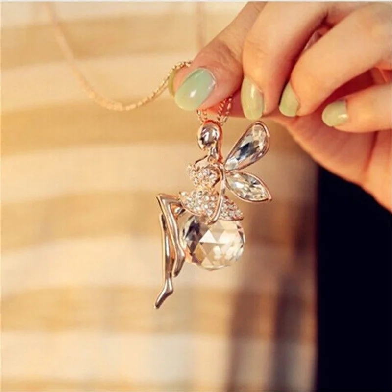 Elegant Women Crystal Gold Fairy Angel Wing Pendant Necklace Sweater Chain Gift 
