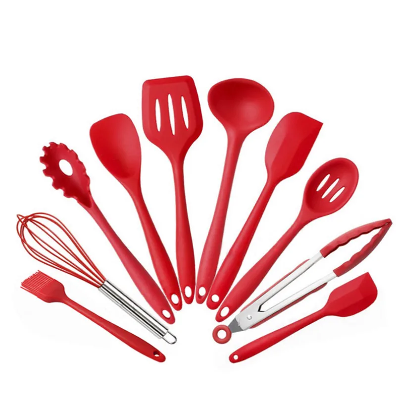 

Silicone Kitchen Utensils 10 Piece Cooking Utensil Set Spatula Spoon Ladle Spaghetti Server Slotted Turner Cooking Tools