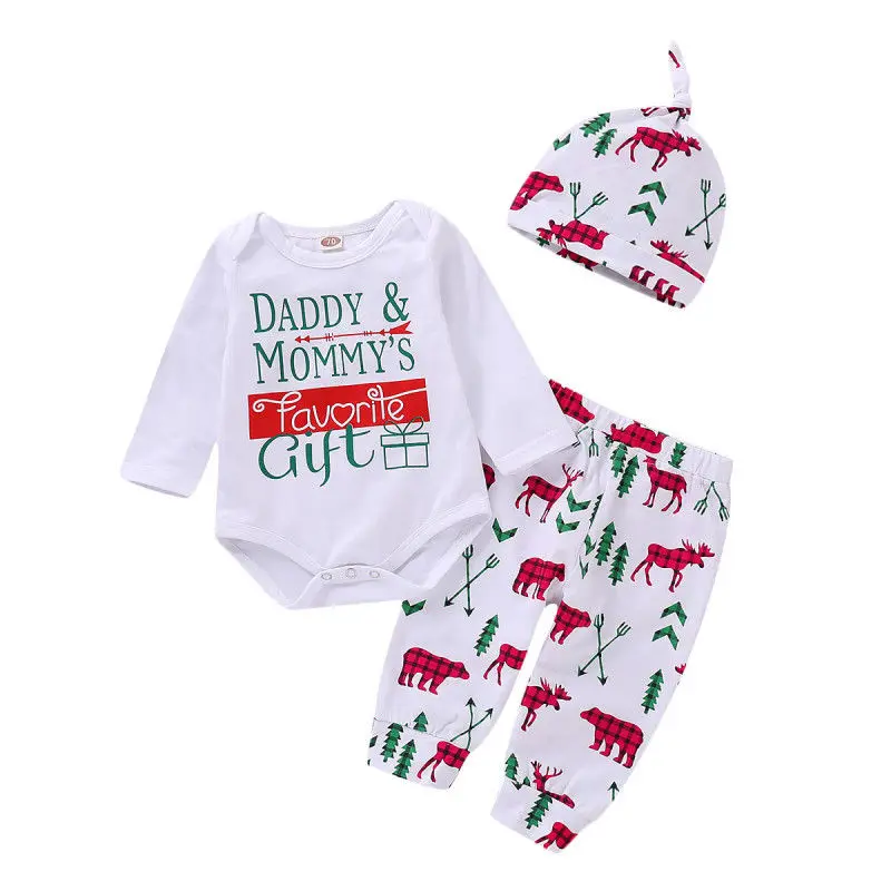 

Baby Christmas 3Pcs Clothes Set Newborn Babies Girl Boys Clothing Letters Bodysuit Pants Hat Cotton Outfits 0-24M
