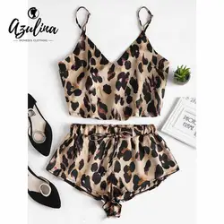 AZULINA леопардовым принтом Satin Cami футболка и шорты Для женщин комплект сексуальные пижамы Для женщин Свободные рукавов ремень спагетти
