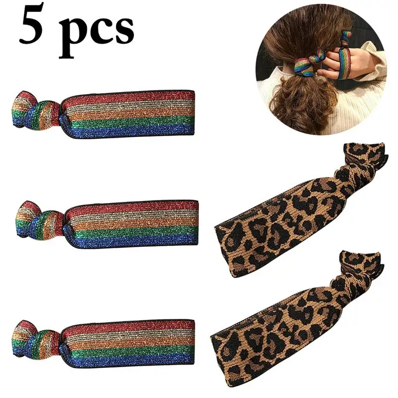 

5PCS Simple Rainbow Leopard Knot Girls Hair Ties Fashion Elegant Hair Bands Ponytail Holder Hair Accessories Head Rope