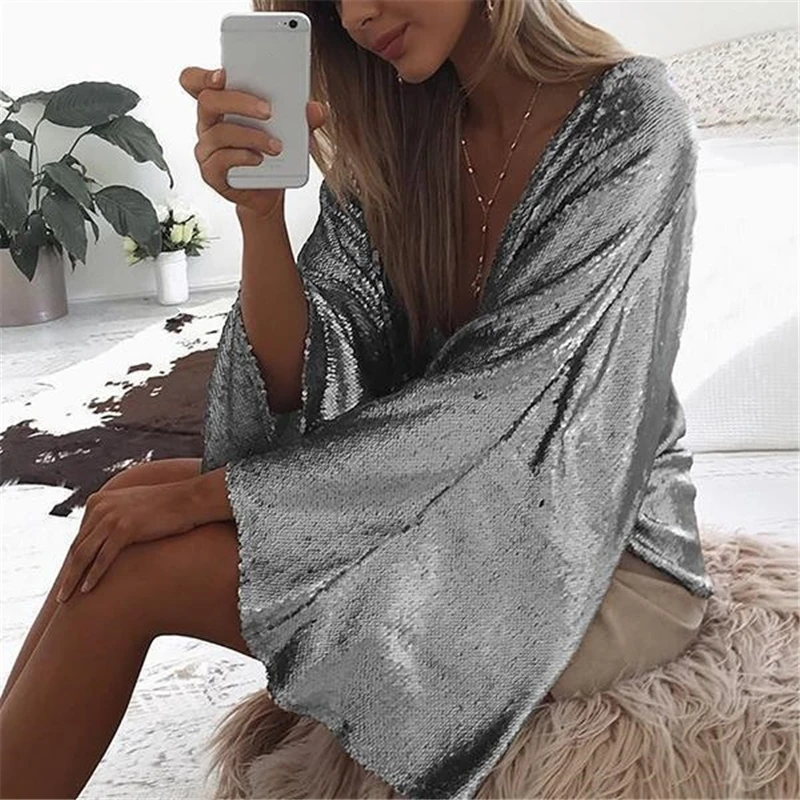 

Hot Women Sexy Night Club Sequins Blouse Flare Sleeve Deep V Gold Silver Blue Open Sitch Tops Blouses Shirt Clothes Femme