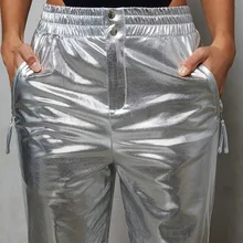 Silver Shiny Faux Leather Trousers Baggy
