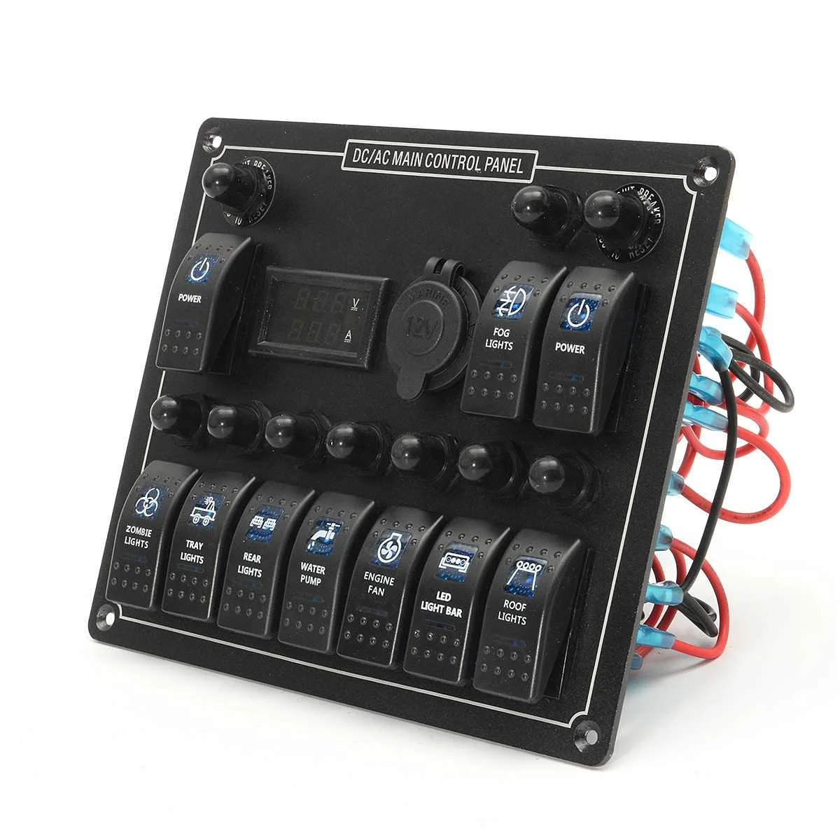 

12-24V 10 Gang Car Boat Marine Blue LED Rocker Switch Panel Circuit Breaker Voltmeter For RV Caravan