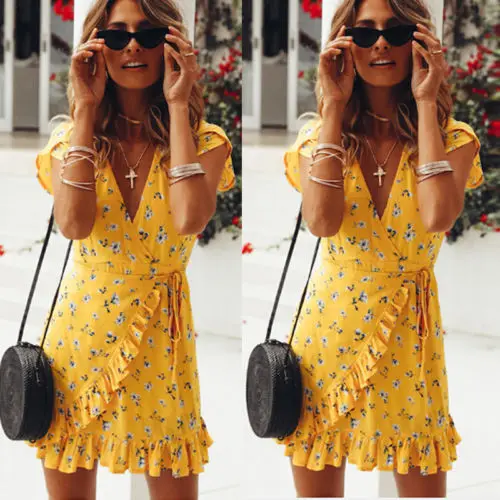 Womens Lady Floral Wrap Dress Ladies Deep V-neck Shortsleeve Waisted Ruffles Dress Beach Party Mini Dress