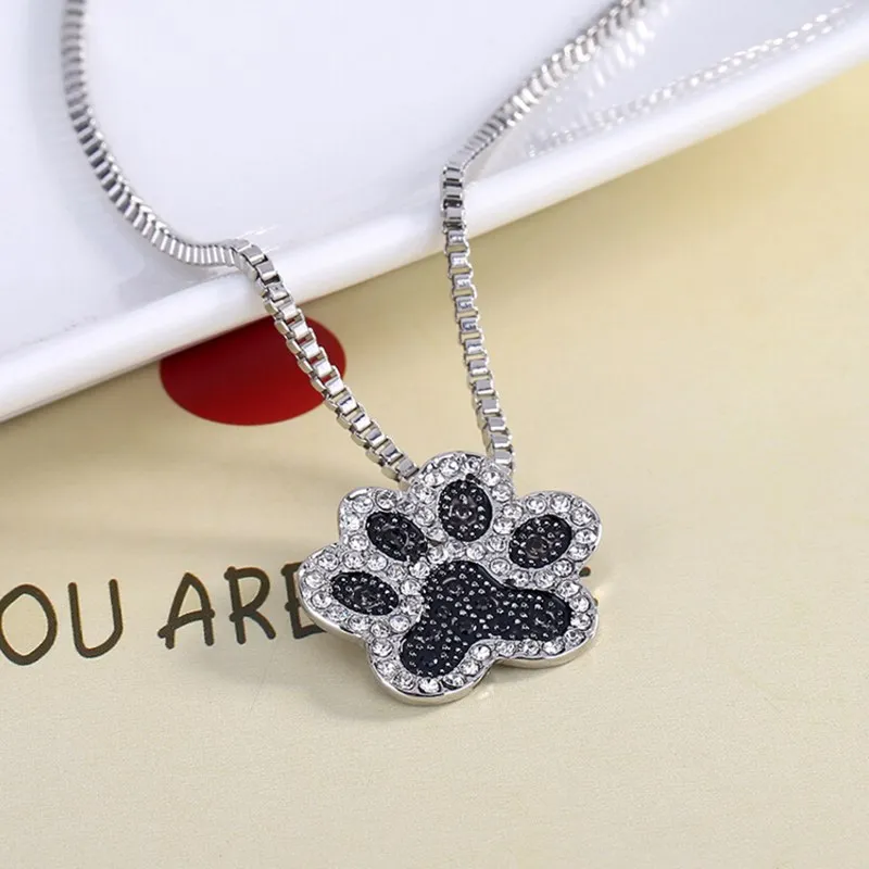 Fashion White K Black Full Crystal Animal Pet Memorial Necklaces Dog Puppy Paw Print Pendant