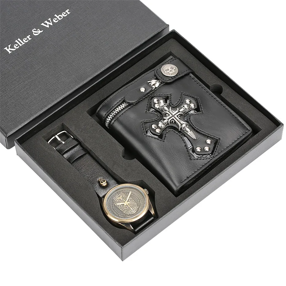 

Steampunk Watch Men Wallet Gift Set Retro Bronze Skull Design Men's Wristwatch Luxury Cool Gift Sets for Men Boyfriend reloj
